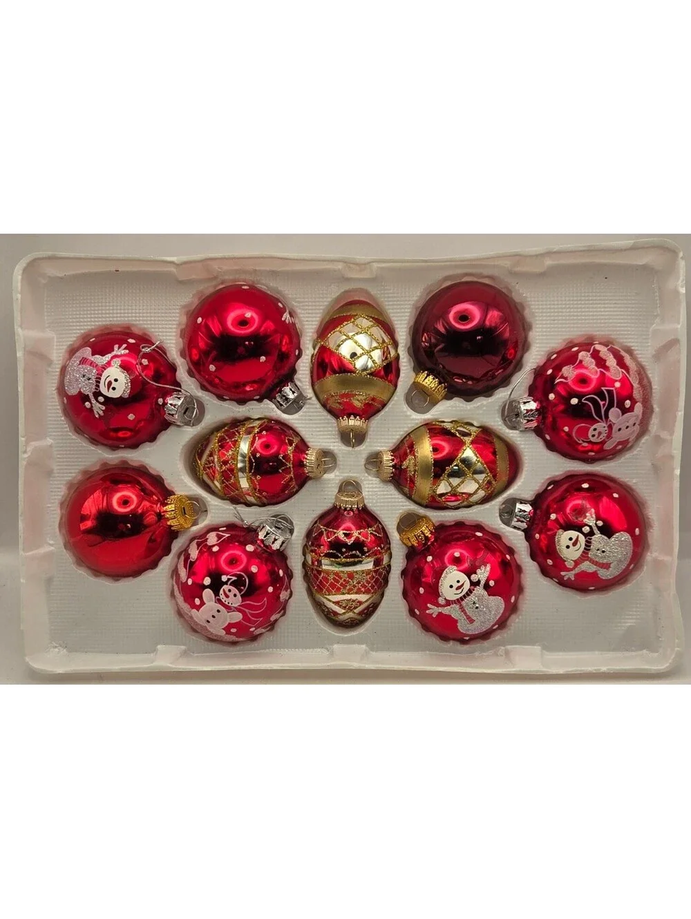 Christmas by Krebs Set of 12 Red Glass Ornaments Snowmen Finials Original Box